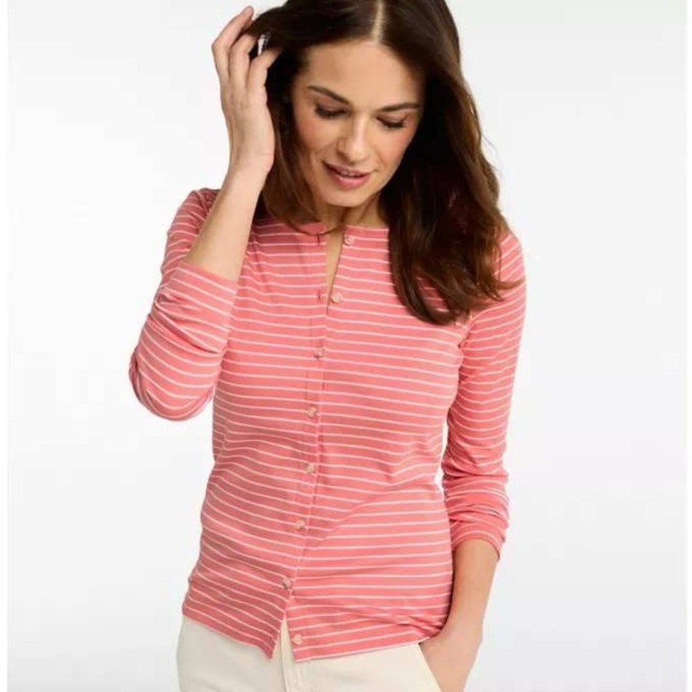 Classic LL Bean Womens Supima Cotton Nautical Striped Cardigan Pink White Size L
